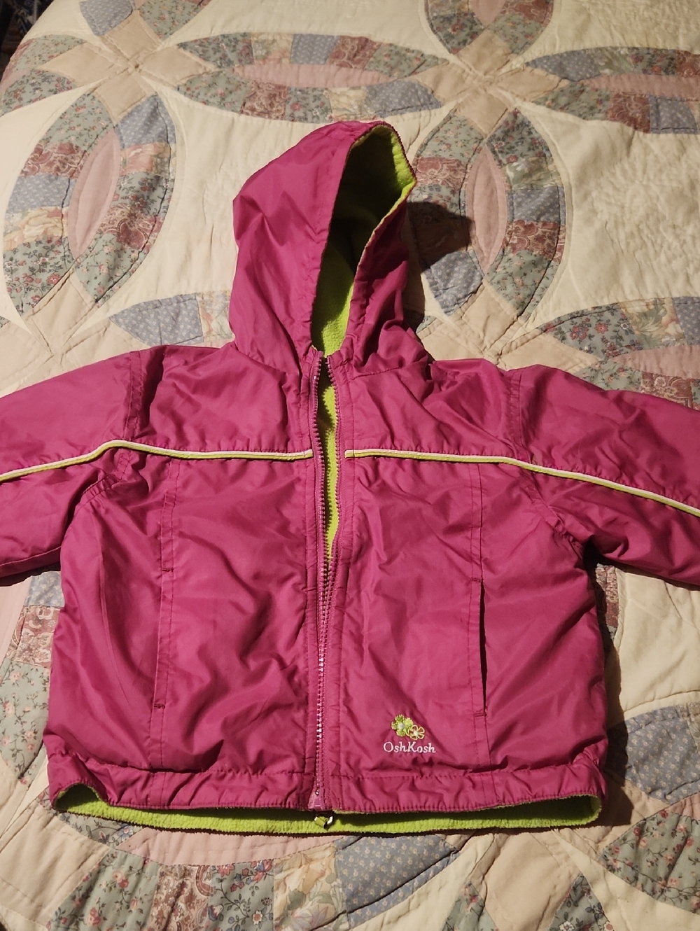 OshKosh B'gosh Girls' Bright Pink Hooded Puffer with Lime Green Lining